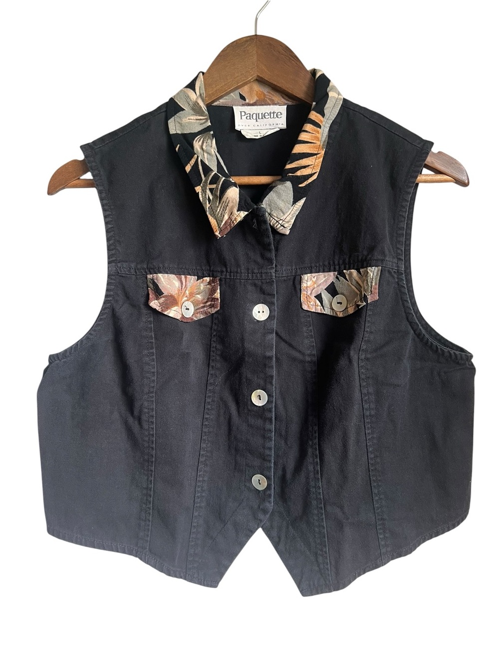 Vintage Paquette Women’s L Black Vest Floral Trim Cottage Boho Western 90s USA